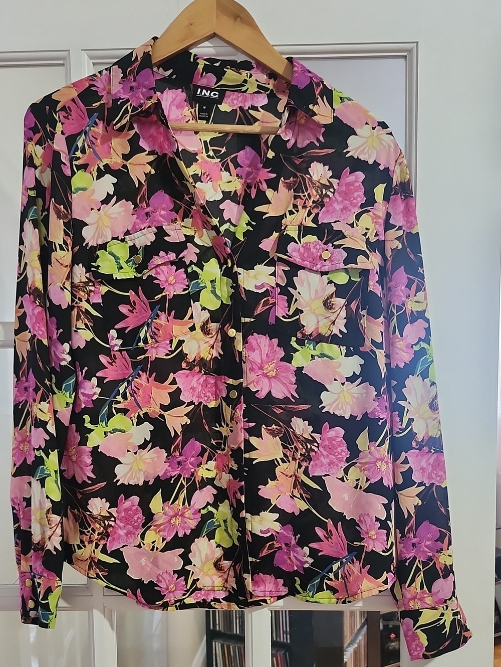 INC International Concepts Black Floral Button-Up Blouse - Pink/Green Floral